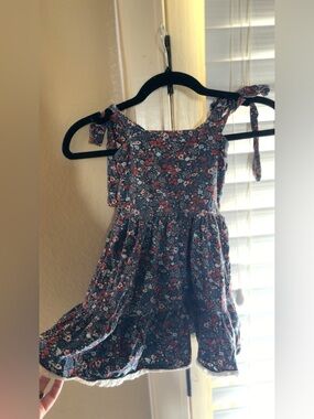 Floral Tie-Shoulder Sundress - Navy with Red & White Flowers